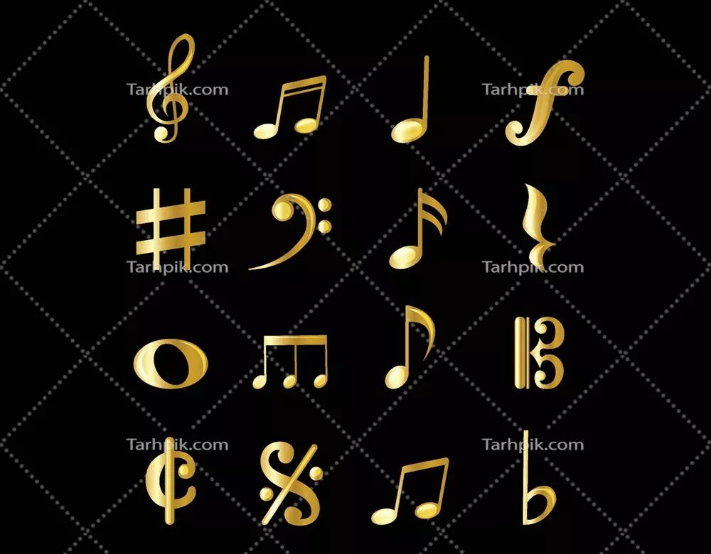 وکتور آیکون های طلایی مربوط به نت‌های موسیقی، زیبایی و جذابیت را افزوده است