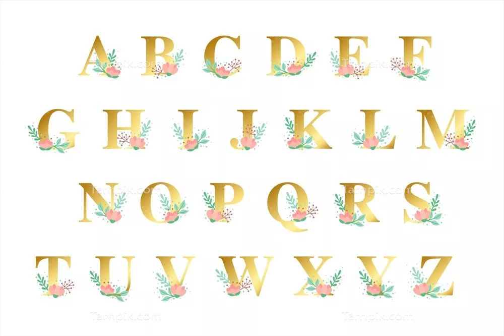 وکتور طرح حروف الفبا طلایی با تم گل های طلایی برای طراحی های گرافیکی