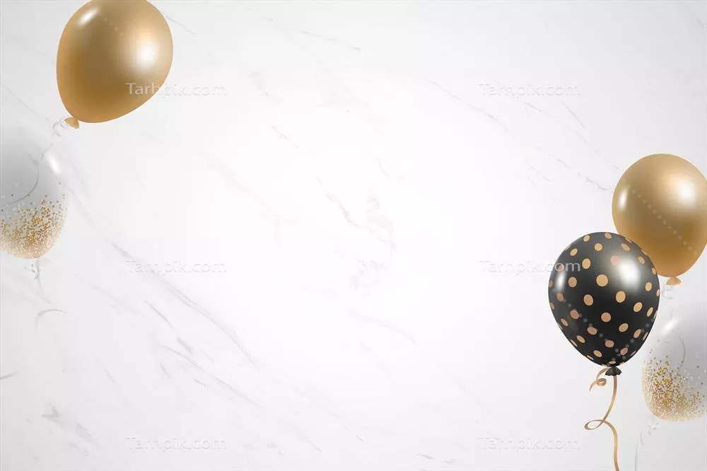 بادکنک‌های طلایی جشنواره‌ای با پس‌زمینه سنگ مرمر سفید - وکتور