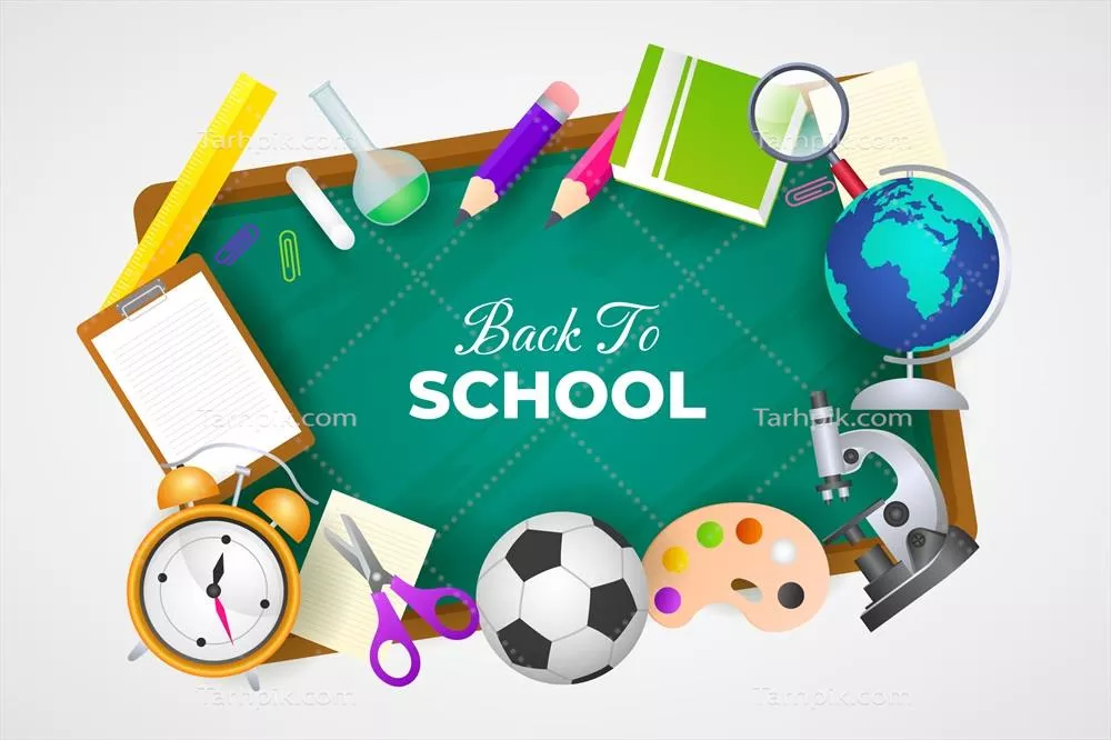 پسزمینه گرادیانی بازگشت به مدرسه با تخته سیاه و لوازم تحریر وکتور