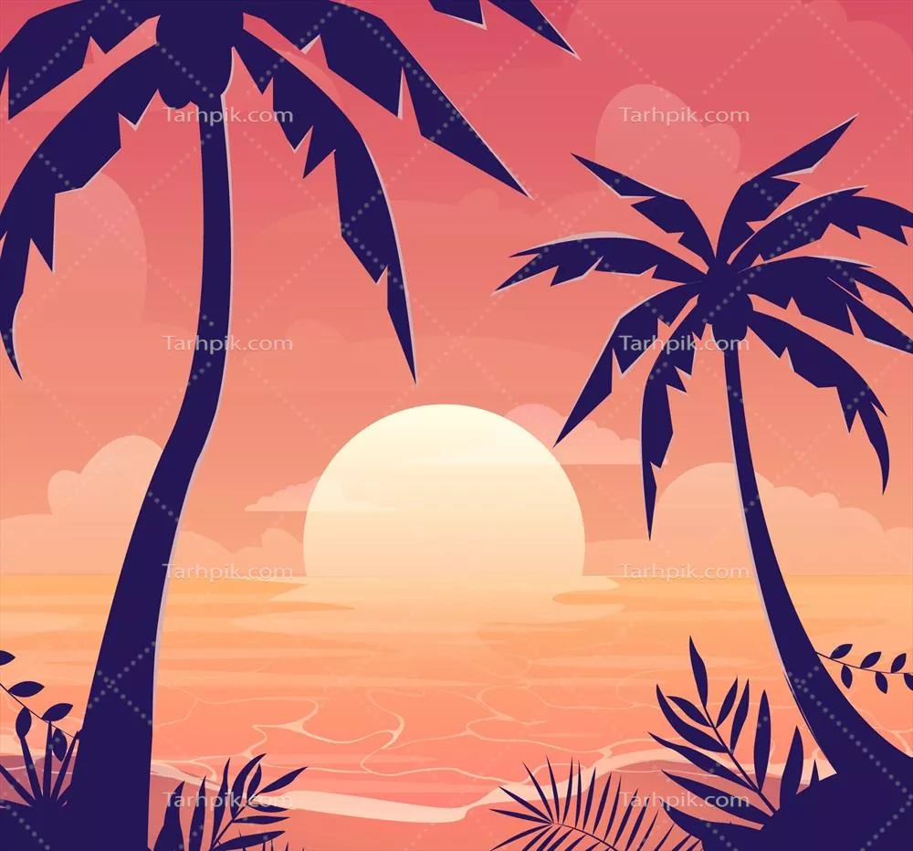 طراحی وکتور چشمانداز غروب آفتاب در ساحل با گرادیانتهای زیبا