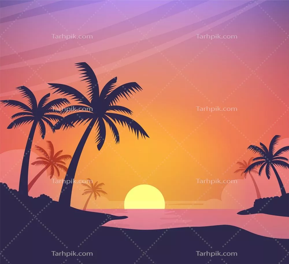 طرح وکتور منظره غروب آفتاب با گرادیان در سواحل زیبا