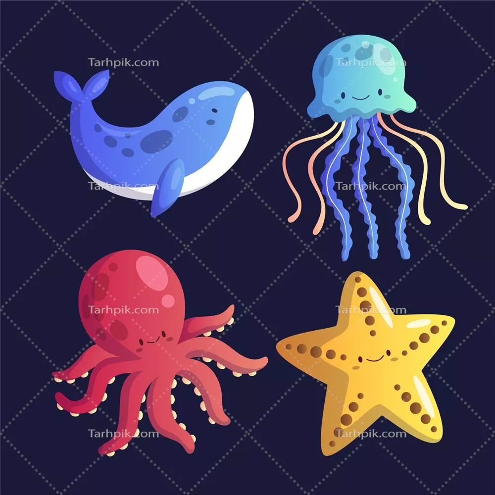 مجموعه وکتور حیوانات دریایی با گرادیانت رنگی زیبا و جذاب