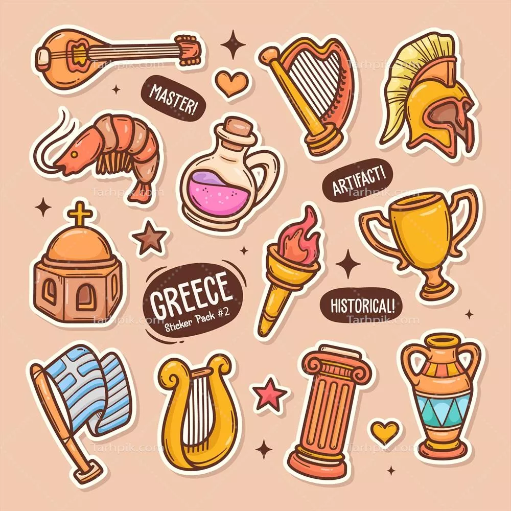 مجموعه استیکر گرافیکی وکتور د یودلهای زیبا و بامزه از یونان