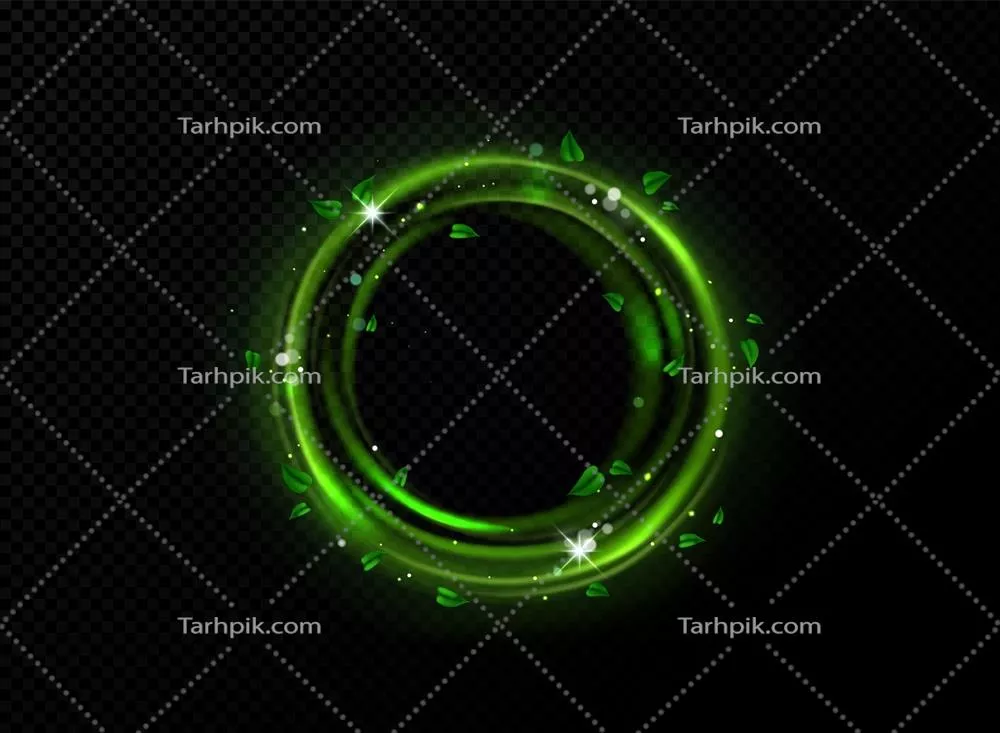 قاب دایرهای سبز با جرقهها و برگها به صورت وکتور