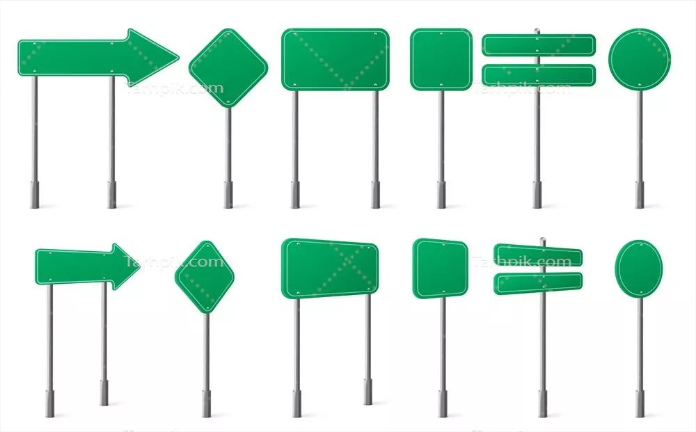 وکتور تابلوهای راهنمای سبز با اشکال مختلف و پایه فلزی – نمای جلو