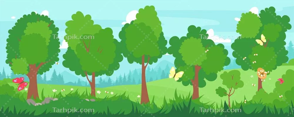 تصویر وکتور مسطح از درختان سبز در جنگل با درختان بلوط و افرا