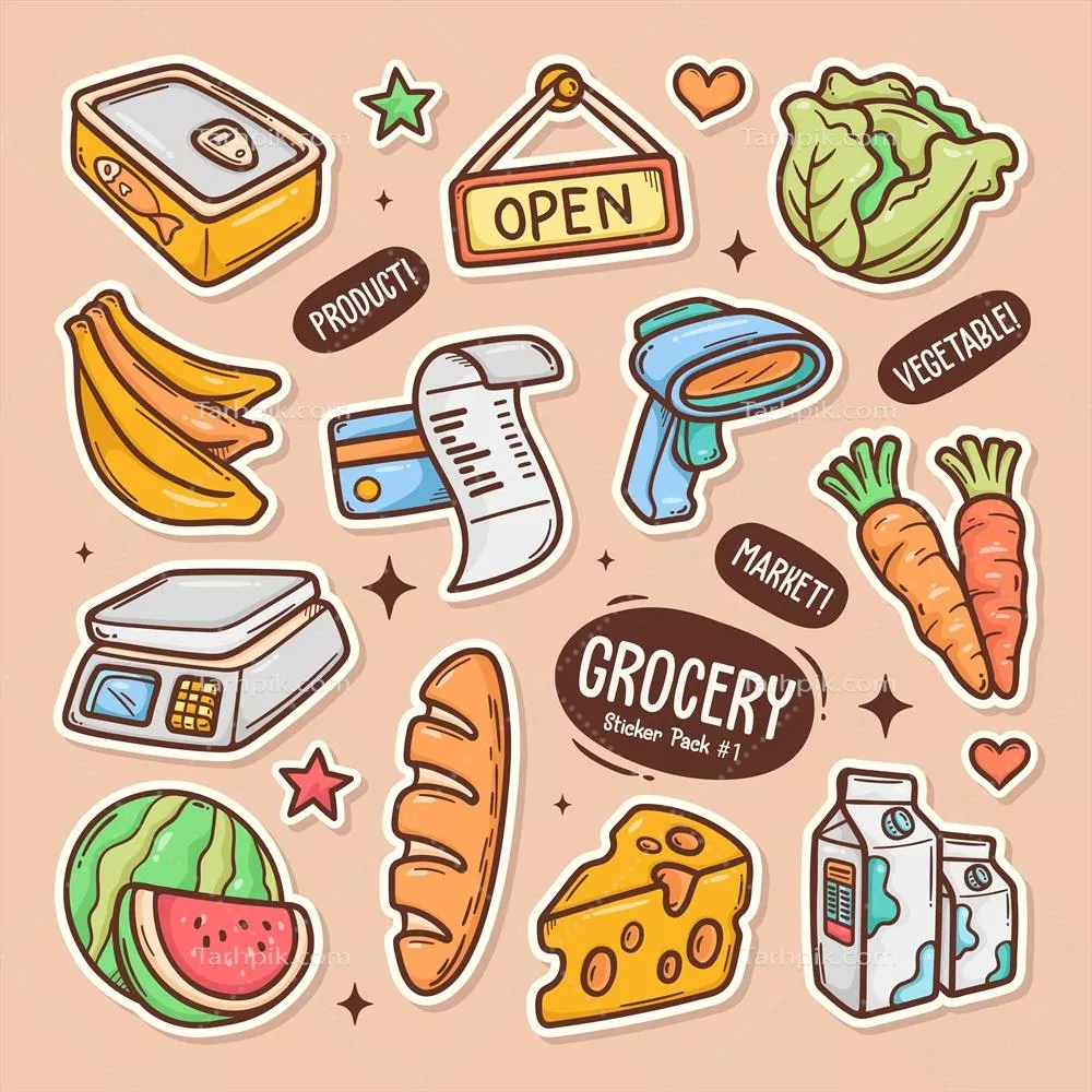 مجموعه وکتور استیکرهای بامزه و دلبند مواد غذایی برای طراحی