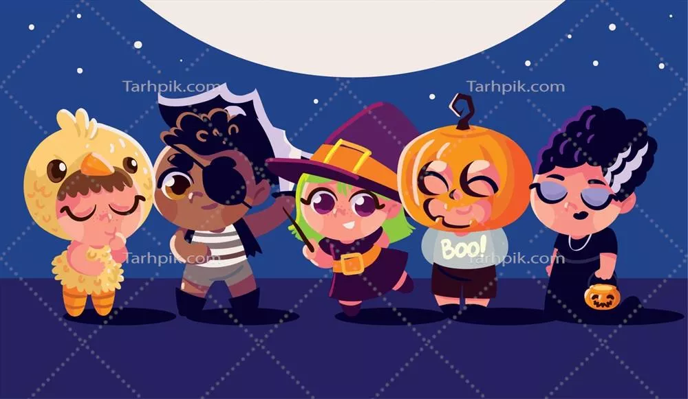 وکتور گروهی از کودکان در لباسهای مختلف: جشنوارهی رنگها و خلاقیت