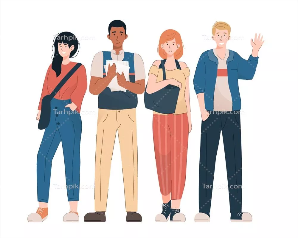 وکتور گروه دانشآموزان خوشحال با لبخند، دختران و پسران نوجوان در کنار هم