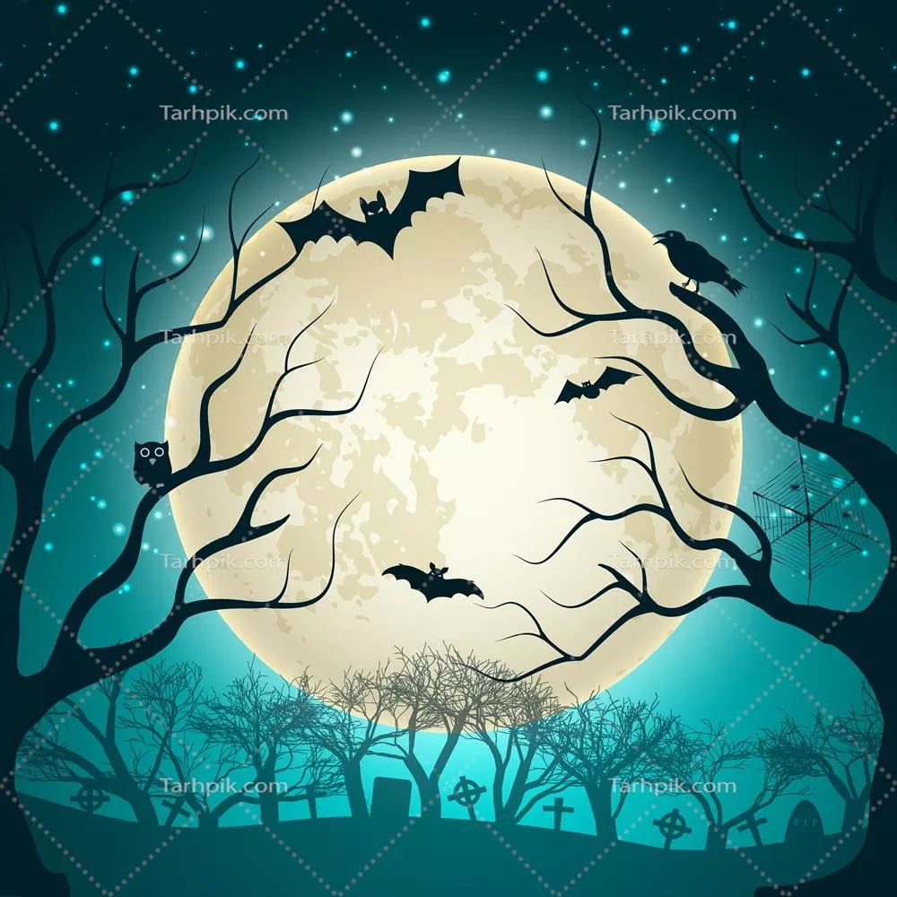 وکتور تصویر هالووین با ماه بزرگ درخشان و آسمانی پر از ستاره در جنگل جادویی
