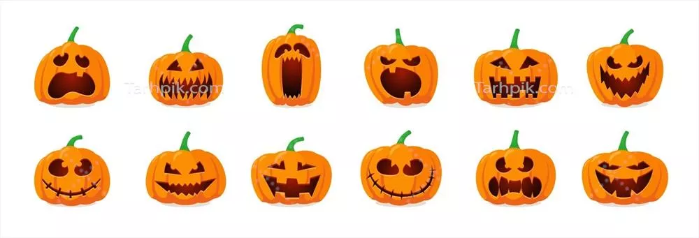 وکتور دورهمی ترسناک هالووین با کدو تنبلهای جک لانترن و چهرههای وحشتناک