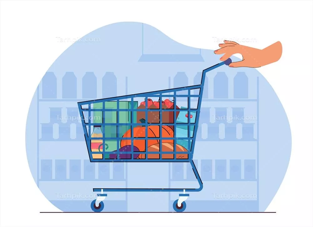 تصویری وکتوری از دست بر روی سبد خرید با مواد غذایی و محصولات مختلف
