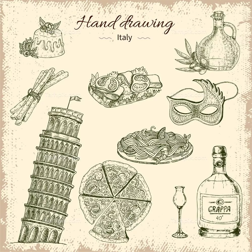مجموعه عناصر وکتور طراحی دستی الهام گرفته از ایتالیا