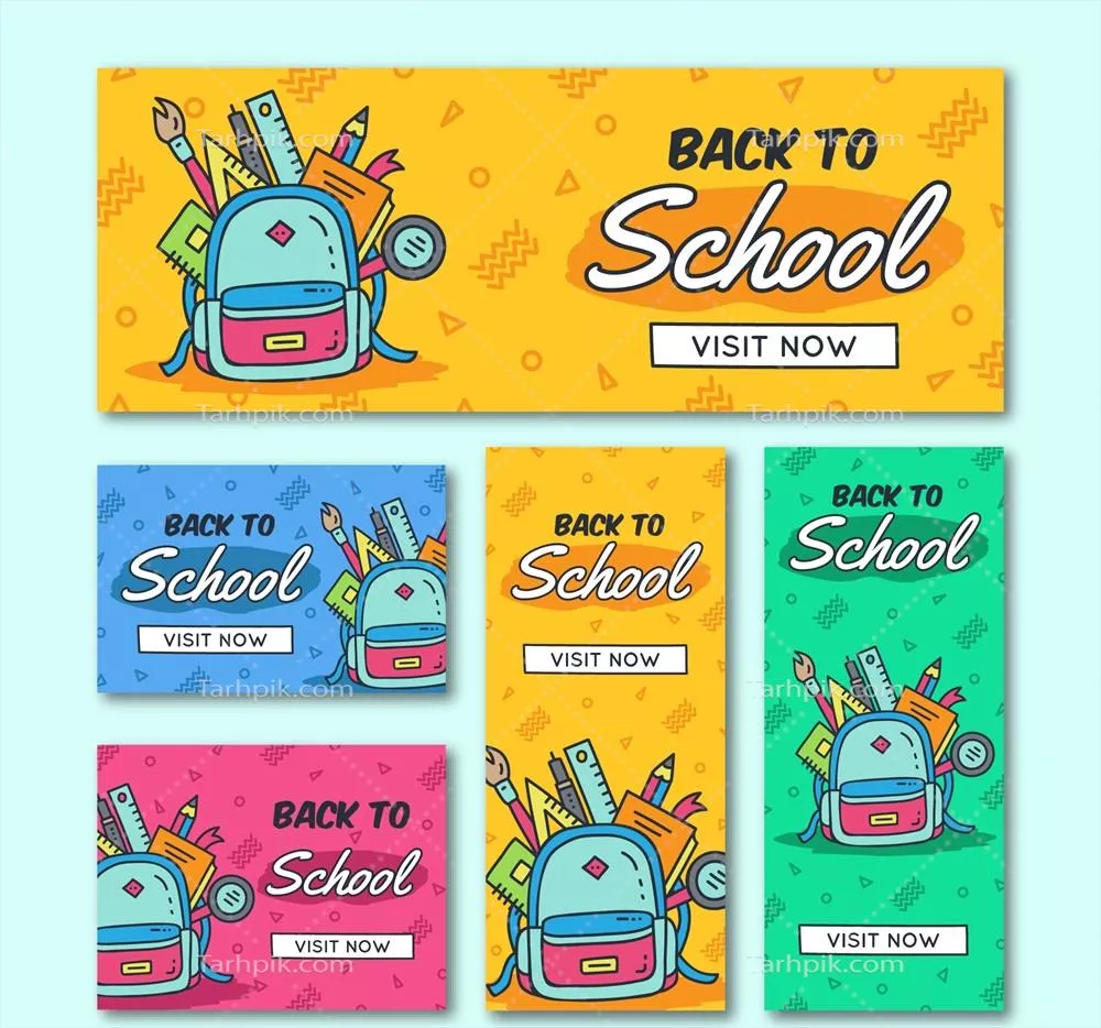 وکتور مجموعه بنر وب مدرسه با طراحی دستی برای بازگشایی مدارس