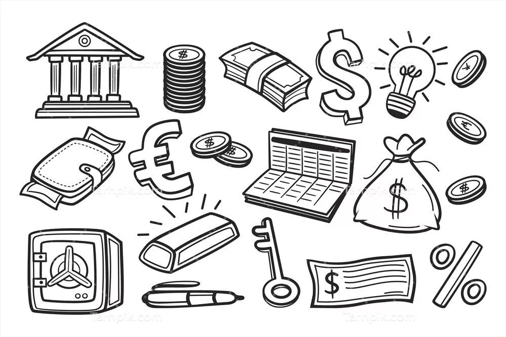 تصویرسازی وکتوری با طراحی دستی از اسکناسها و بانکها