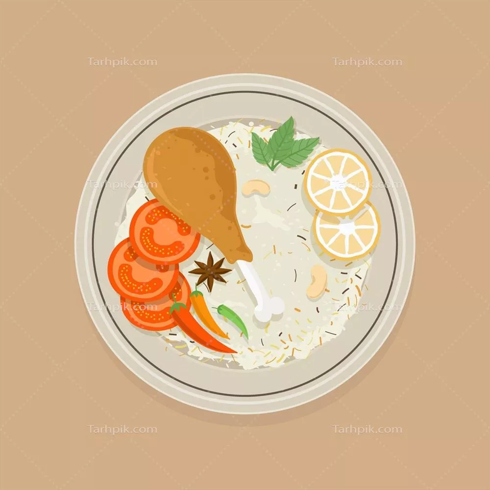 طراحی دست‌کشیده برنج بریانی مرغ به سبک وکتور
