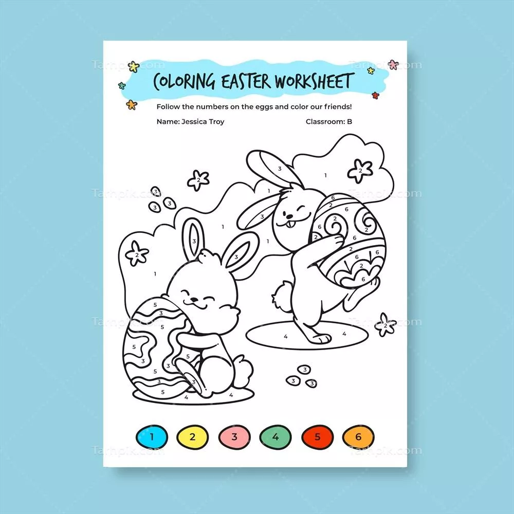 وکتور تمپلیت کاربرگه رنگ آمیزی شماره گذاری شده دستکشیده برای کودکان به مناسبت عید پاک