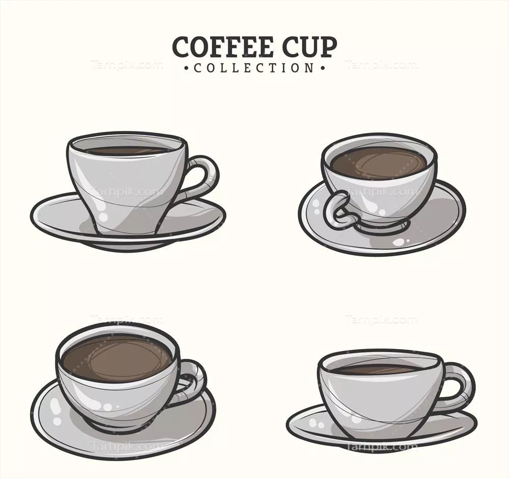 مجموعه فنجان قهوه با طراحی دستی و نمای متفاوت به صورت وکتور