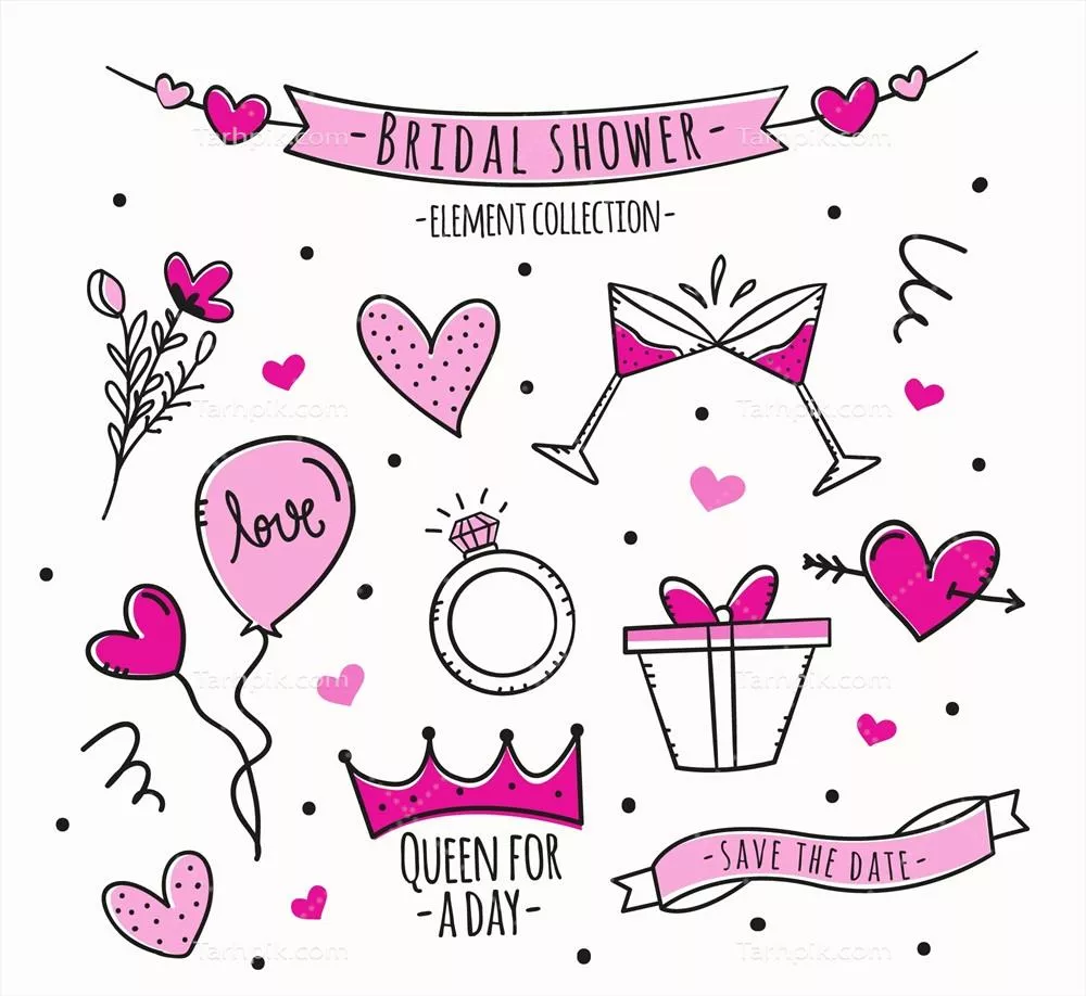 وکتور مجموعه عناصر دستکشیدهشده برای مهمانی عروس با رنگ صورتی