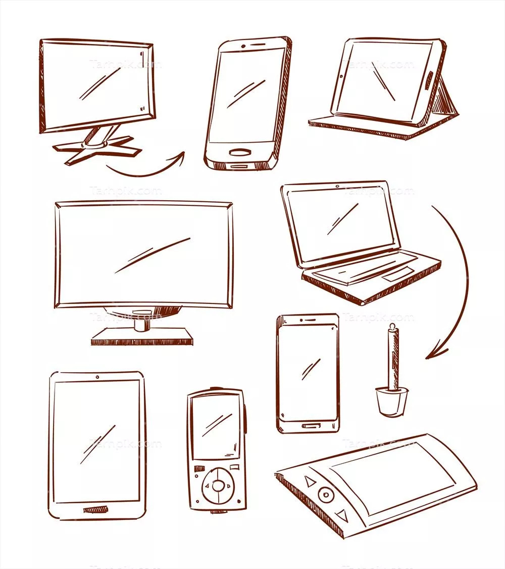 وکتور آیکونهای خطی طراحی شده با دست برای دستگاهها و لوازم الکترونیکی