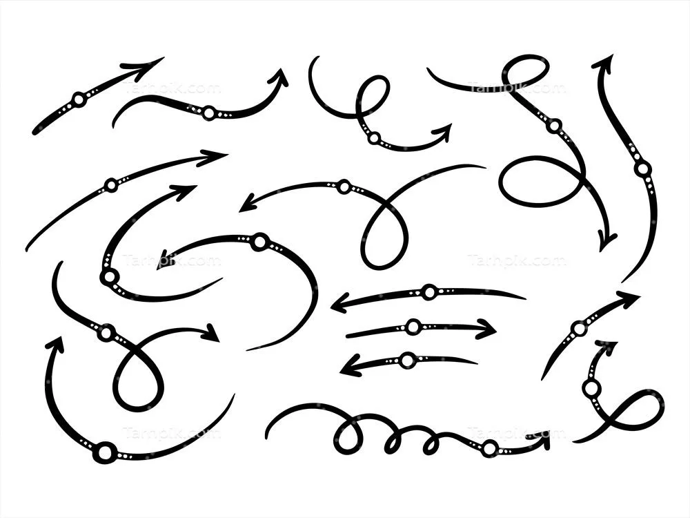 ست مدرن وکتور، شامل فلشهای منحنی دستکشیده و هنر دودیلو