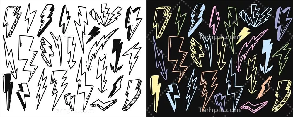 وکتور مجموعهای از نشانههای برق و رعد و برق طراحیشده به صورت دستساز با طرحهای مختلف
