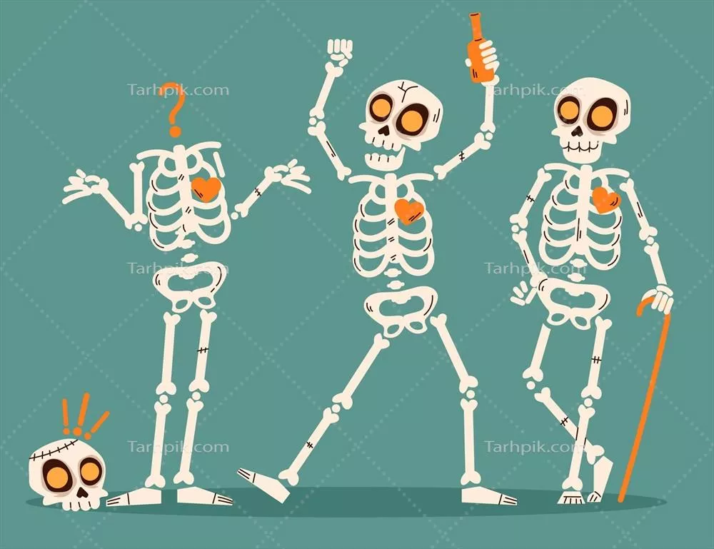 مجموعه وکتور اسکلت‌های هالووین دست‌کشیده و طراحی‌شده به سبک فلت