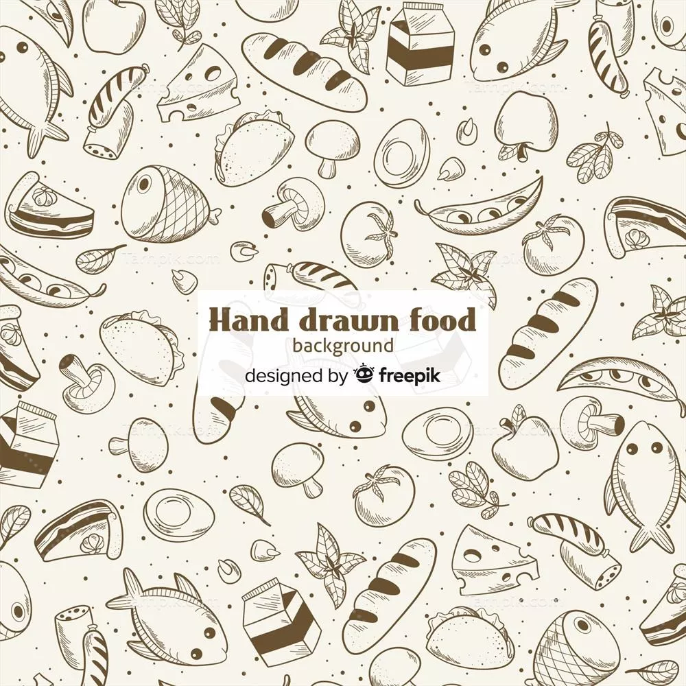 پس‌زمینه غذایی طراحی‌شده با دست به صورت وکتور مناسب برای طراحی‌های گرافیکی