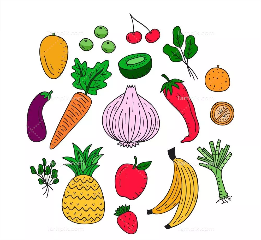 پسزمینه وکتور میوه و سبزیجات تازه با طراحی دستی