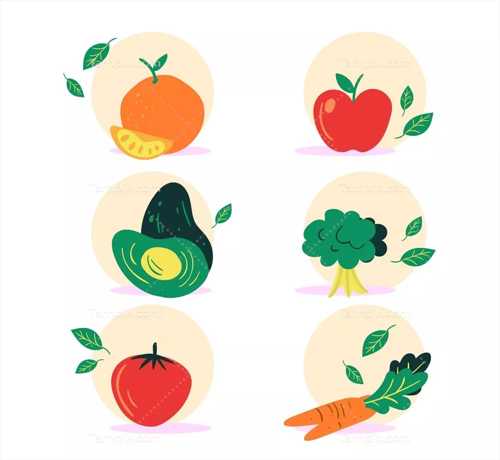 پس زمینه وکتور از میوه و سبزیجات تازه با طراحی دستی