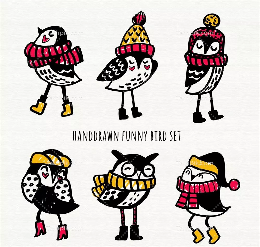 مجموعه وکتور پرندگان خندهدار دستی کشیده شده