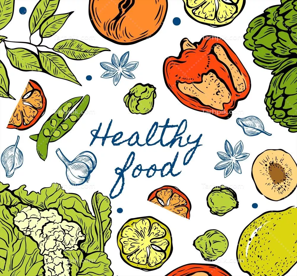 پسزمینه وکتوری غذای سالم با طراحی دستساز و دستی - طرح شماره ۲