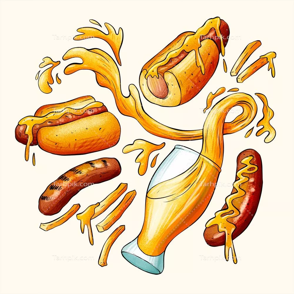 تصویر وکتور سادگی از هات داگ و نوشیدنی با طراحی دستی