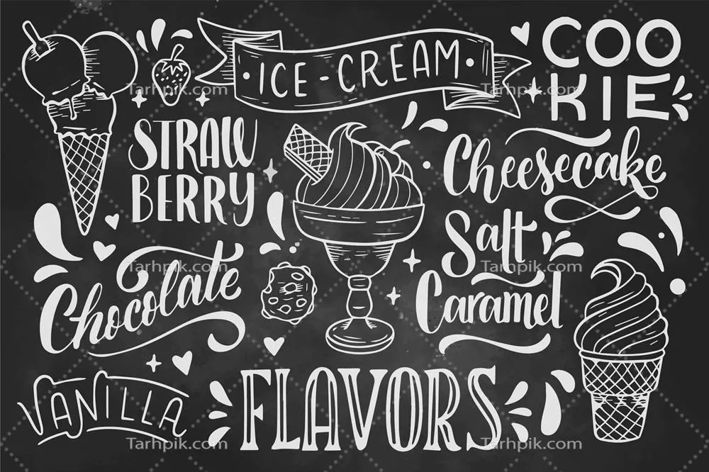 وکتور طراحی دستکشیده با موضوع بستنی و حروفچینی روی تخته سیاه