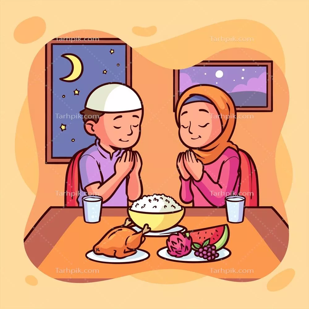 تصویر دستکشیده افطار با افراد در حال دعا و غذا - وکتور