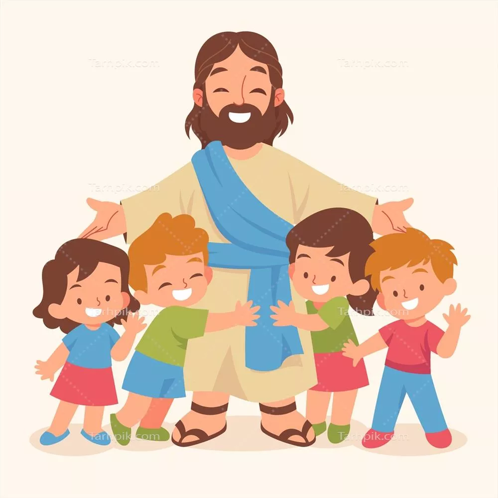 تصویر وکتور دستکشیدهی حضرت عیسی با کودکان در یک طرح جذاب