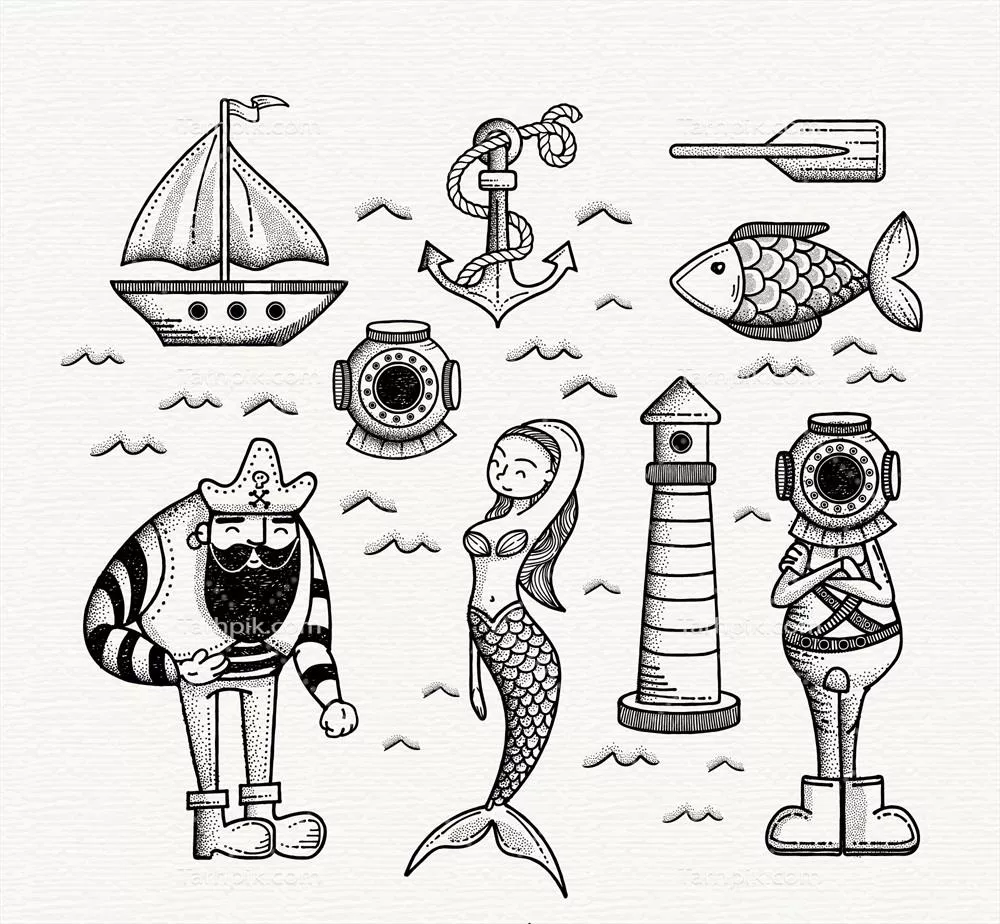 مجموعه کاراکترهای زندگی دریایی دستکشیده شده در فرمت وکتور