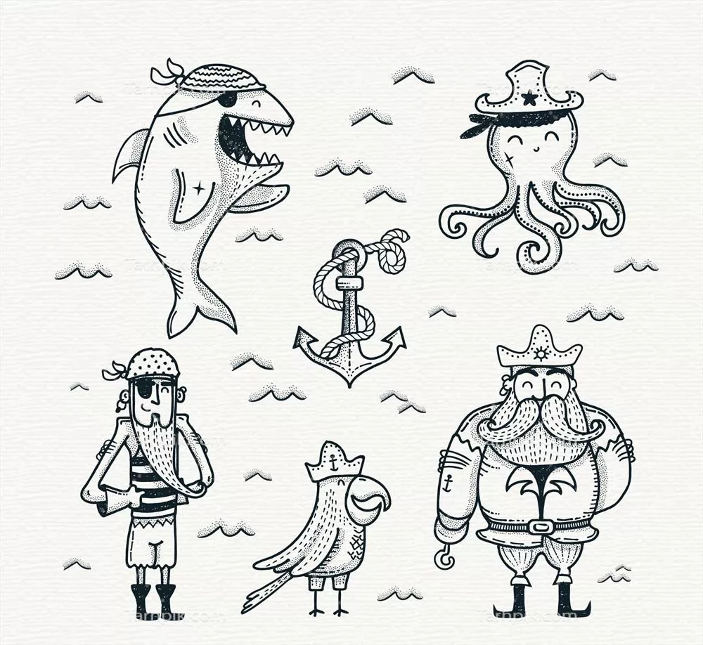 وکتور مجموعه کاراکترهای دستکشیده از حیات دریایی برای طراحی گرافیکی