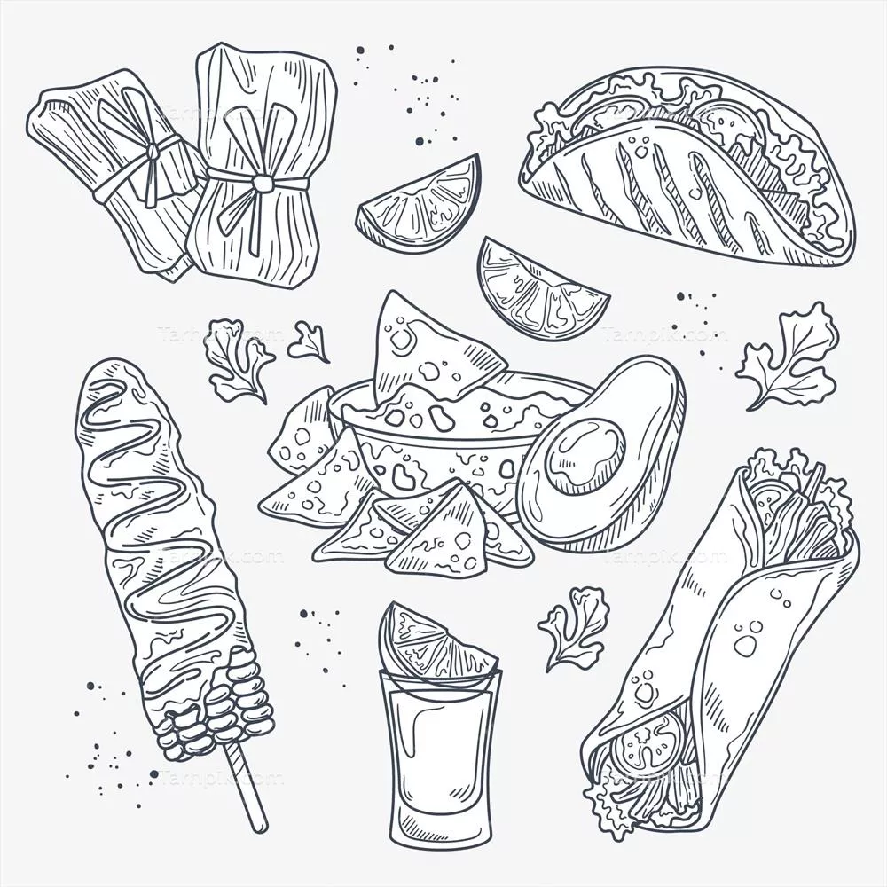 وکتور تصویر کشیده شده به سبک دستی از غذاهای مکزیکی با کیفیت بالا
