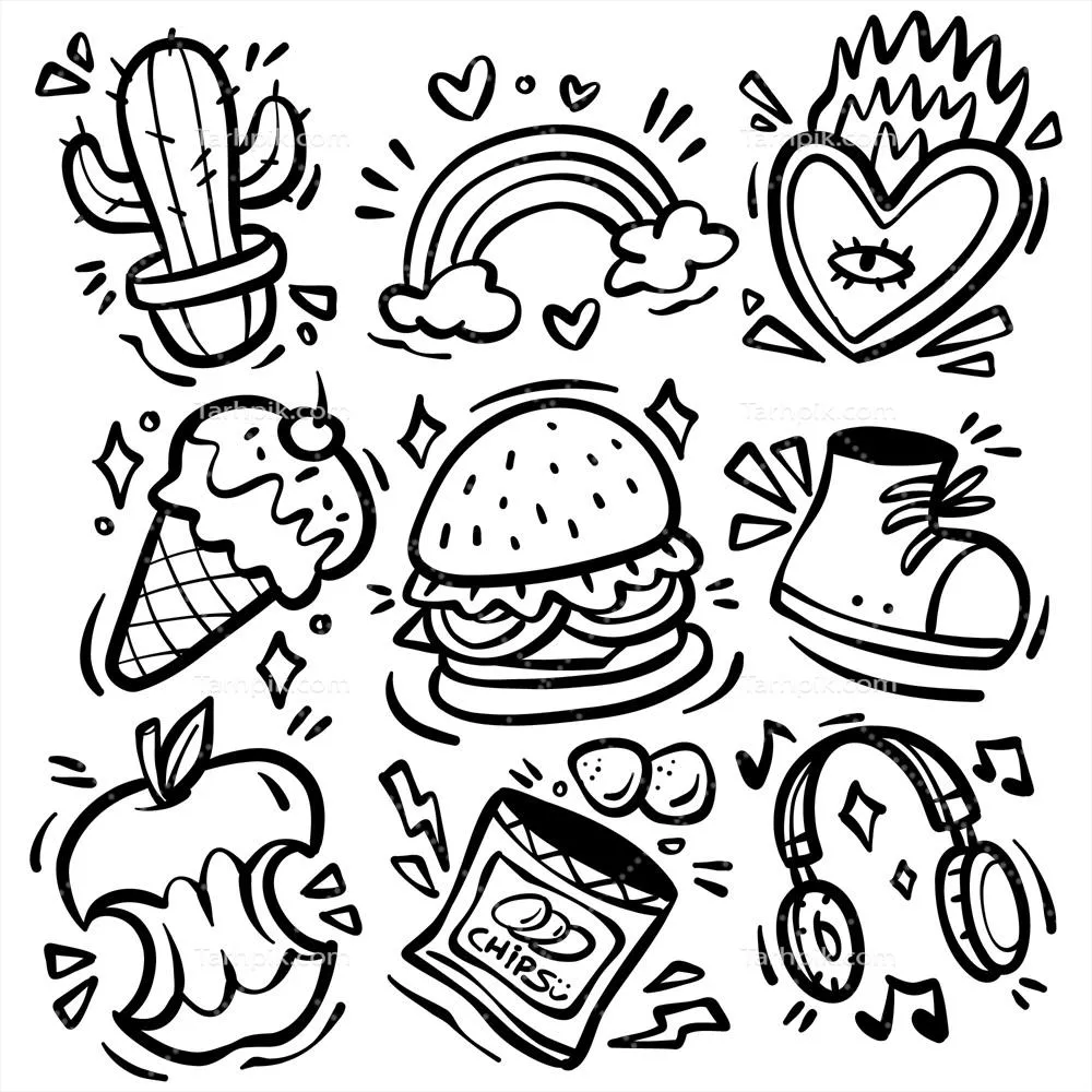 تصویرسازی وکتوری طراحی دستی شامل دُودل های مختلف و متنوع