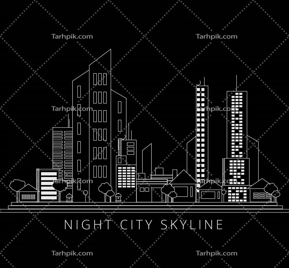 طراحی دستی مدرن از یک شهر بر روی پس‌زمینه سیاه به صورت وکتور