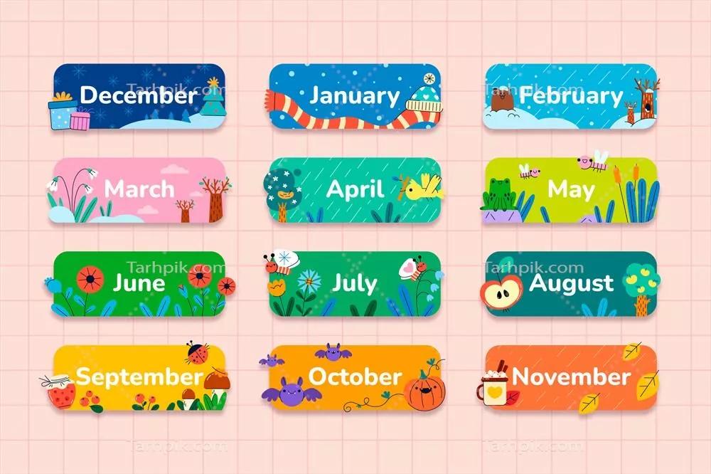 مجموعه المان‌های دستی کشیده شده از ماه‌ها و سال‌ها به صورت وکتور