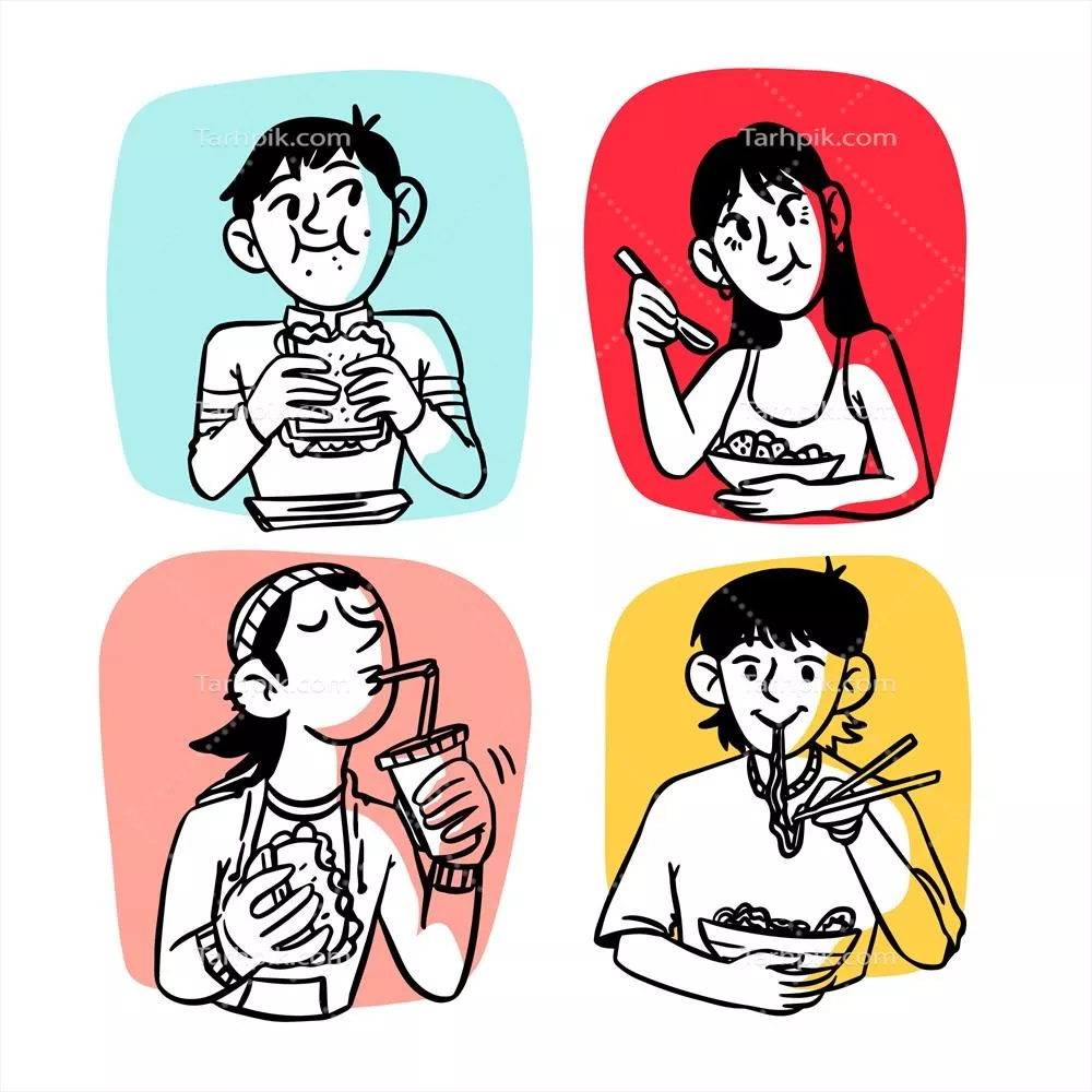 مجموعه وکتور طراحی دستی از افرادی که در حال خوردن هستند