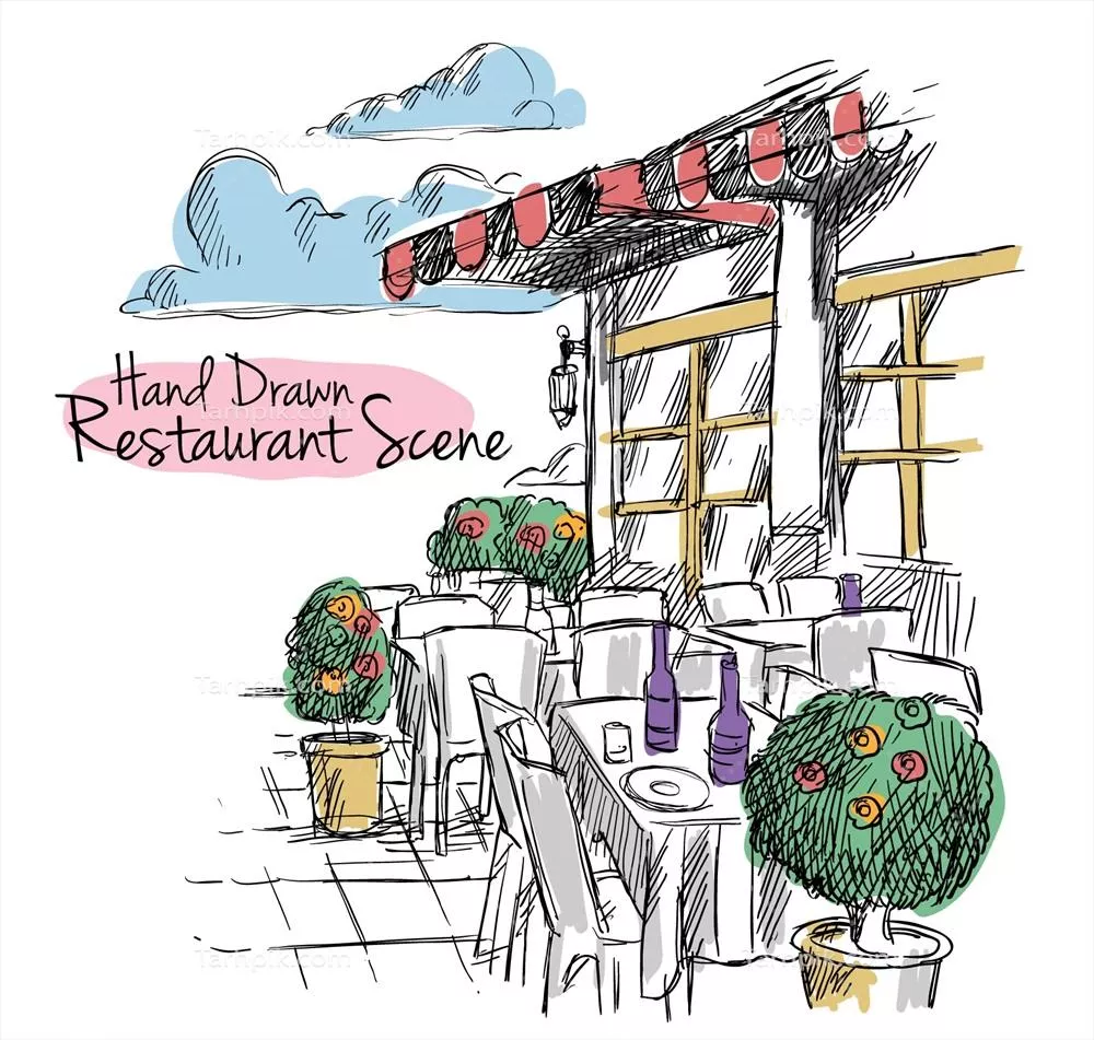 طرح وکتور دست‌ساز از صحنه رستوران و فضای داخلی آن