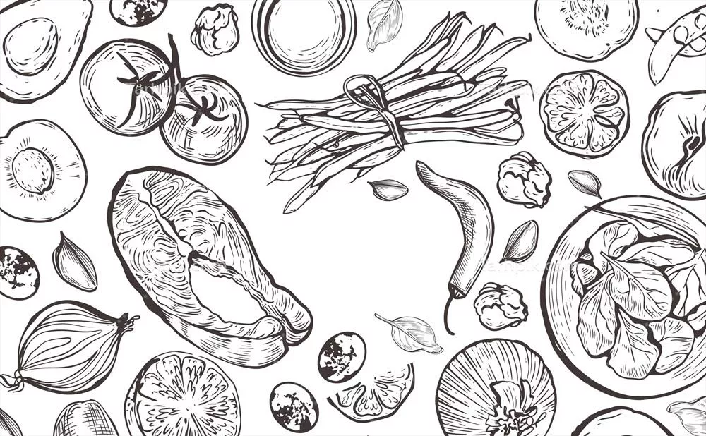 پس‌زمینه وکتور از غذاهای سالم با طراحی دستی و نقاشی شده