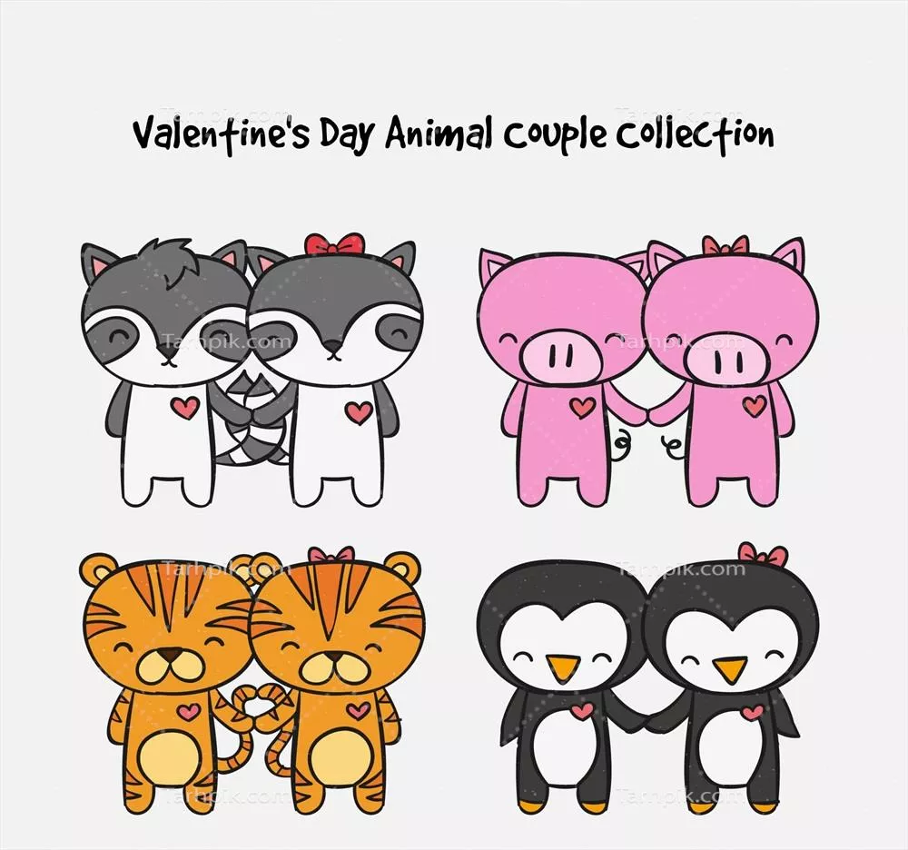 مجموعه کارتونی دستکشیده برای روز ولنتاین از زوجهای حیوانات (3) - وکتور