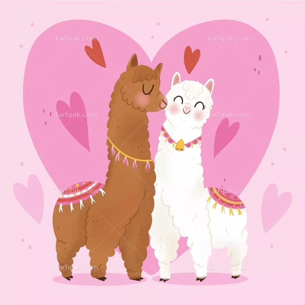زوج لاماهای عاشقانه در روز ولنتاین - طراحی دستکشیده و وکتور