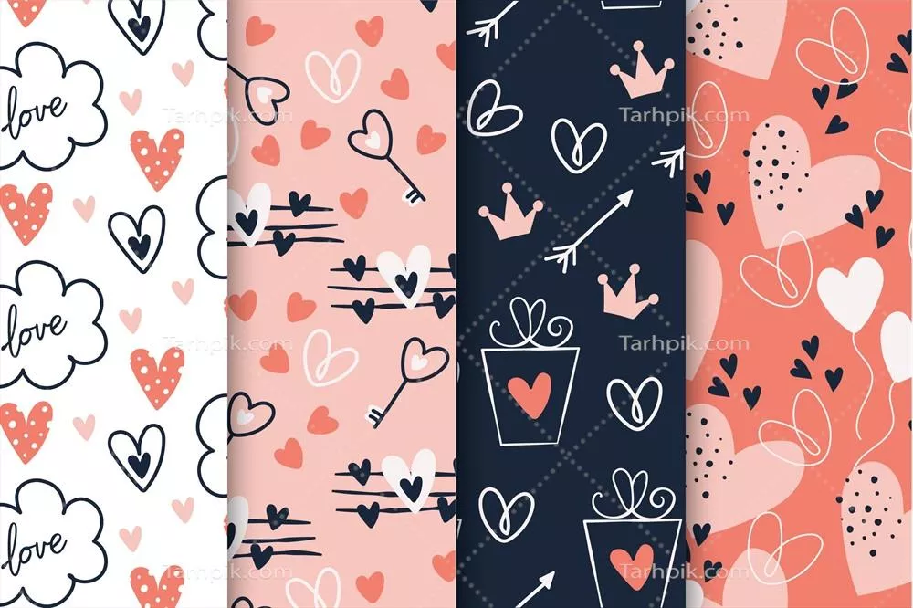 وکتور مجموعه الگوهای دست‌کشیده روز ولنتاین با طراحی‌های منحصر به فرد