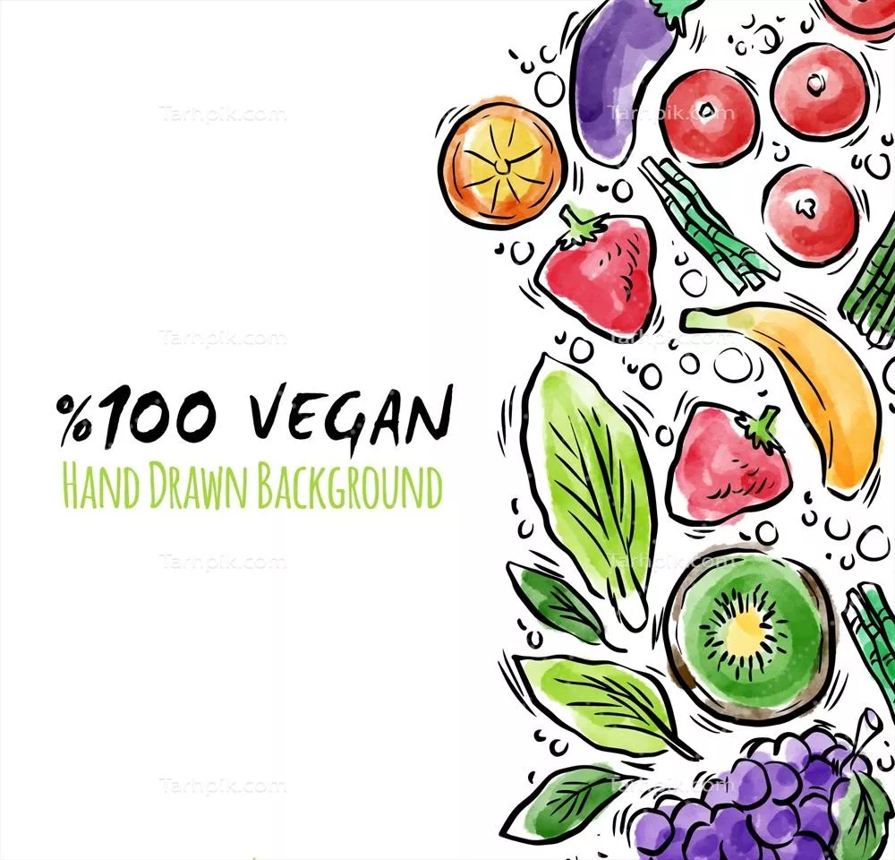 پس زمینه وکتور غذای وگان با طراحی دستی و آبرنگی